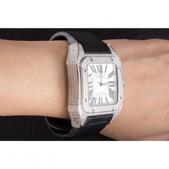 Swiss Cartier Santos Silver Bezel with Diamonds and Black Leather Strap sct47 621531