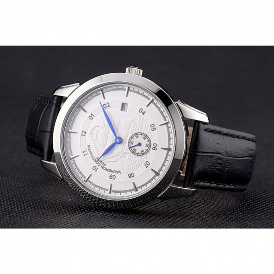 Vacheron Constantin Traditionnelle White Ship Dial Stainless Steel Case Black Leather Strap