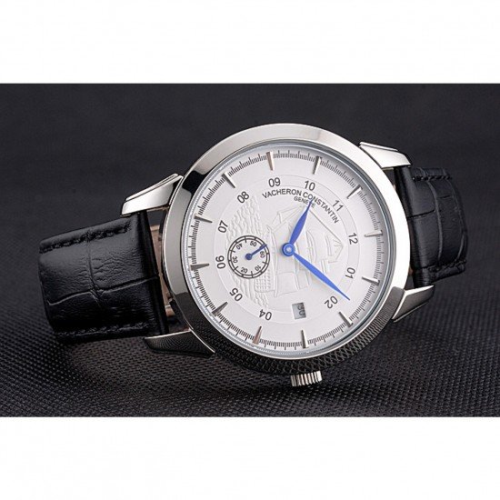 Vacheron Constantin Traditionnelle White Ship Dial Stainless Steel Case Black Leather Strap