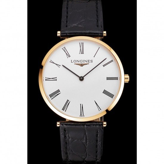 Swiss Longines Grande Classique White Dial Roman Numerals Gold Case Black Leather Strap