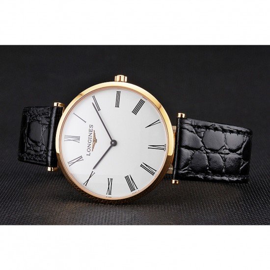 Swiss Longines Grande Classique White Dial Roman Numerals Gold Case Black Leather Strap