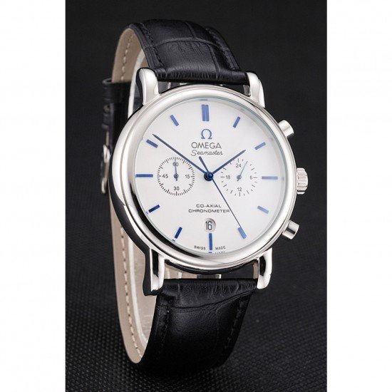 Omega Seamaster Vintage Chronograph White Dial Blue Hour Marks Stainless Steel Case Black Leather Strap