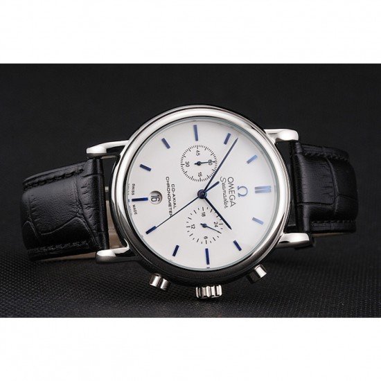 Omega Seamaster Vintage Chronograph White Dial Blue Hour Marks Stainless Steel Case Black Leather Strap