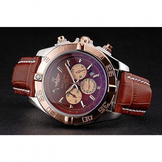 Breitling Chronomat Brown Dial Rose Gold Bezel And Subdials Stainless Steel Case Brown Leather Strap