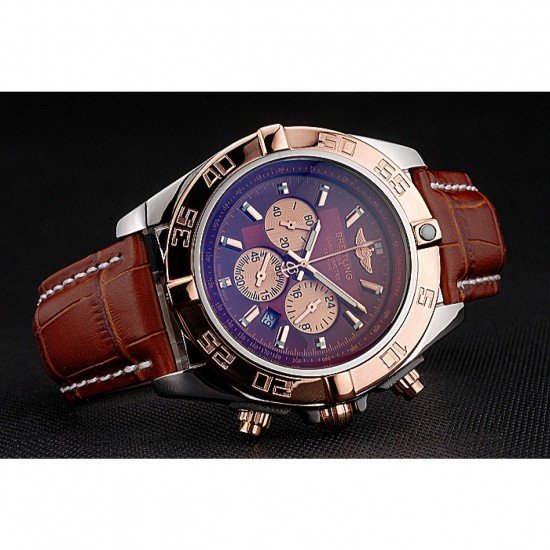 Breitling Chronomat Brown Dial Rose Gold Bezel And Subdials Stainless Steel Case Brown Leather Strap