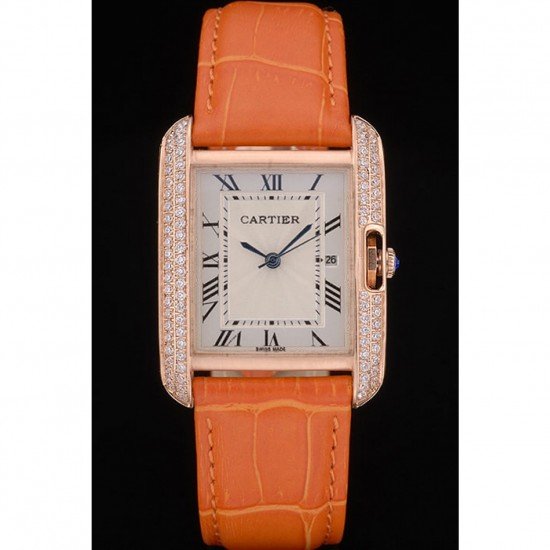 Cartier Tank Anglaise 30mm White Dial Diamonds Gold Case Orange Leather Bracelet