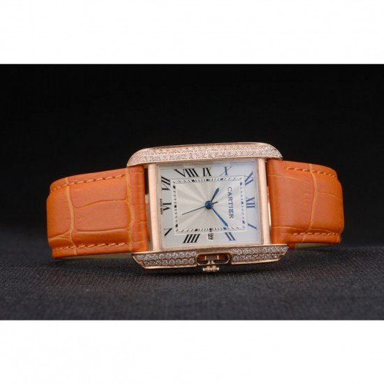 Cartier Tank Anglaise 30mm White Dial Diamonds Gold Case Orange Leather Bracelet