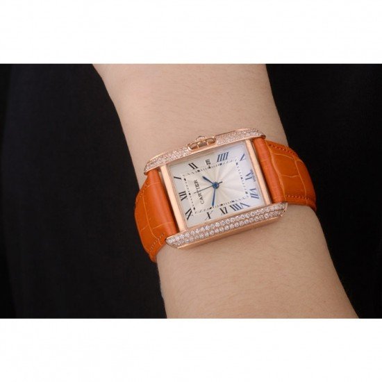 Cartier Tank Anglaise 30mm White Dial Diamonds Gold Case Orange Leather Bracelet