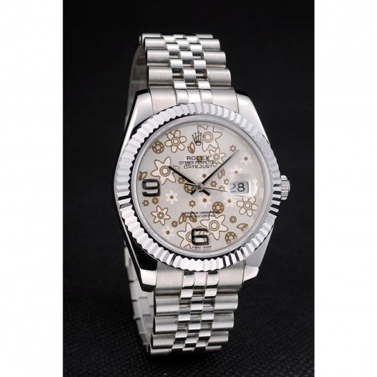 Rolex Swiss DateJust Stainless Steel Ribbed Bezel Flower Silver Dial 42001