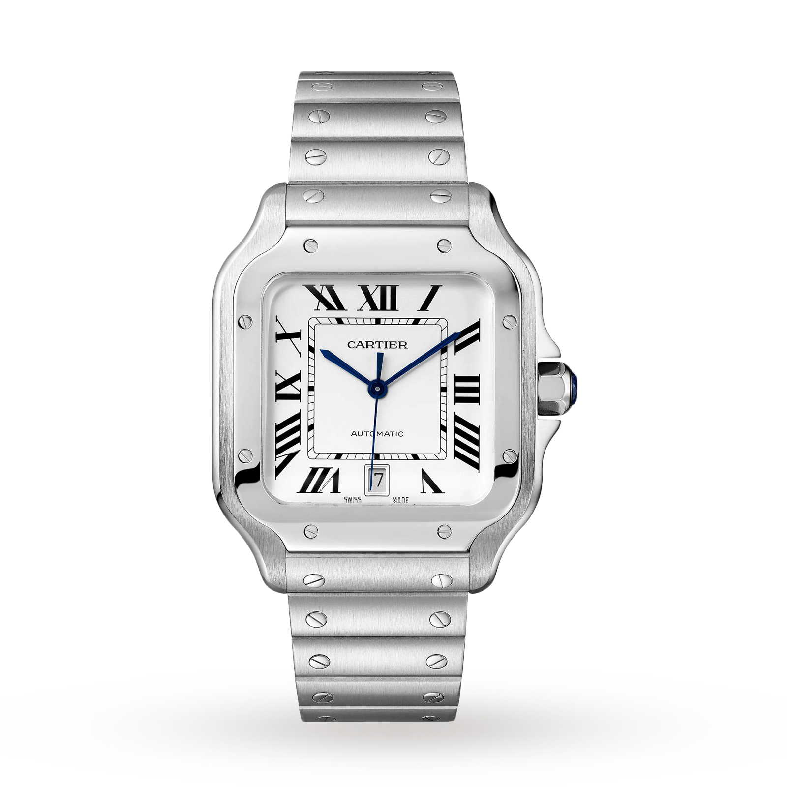 Swiss Santos de Cartier watch, Large model, automatic, steel, interchangeable metal and leather bracelets
