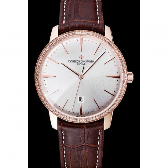 Swiss Vacheron Constantin Patrimony White Dial Rose Gold Diamonds Case Brown Leather Bracelet 1454170