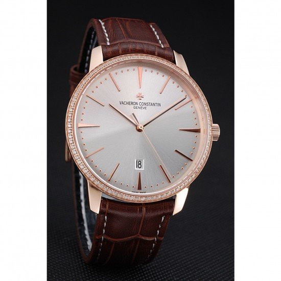 Swiss Vacheron Constantin Patrimony White Dial Rose Gold Diamonds Case Brown Leather Bracelet 1454170