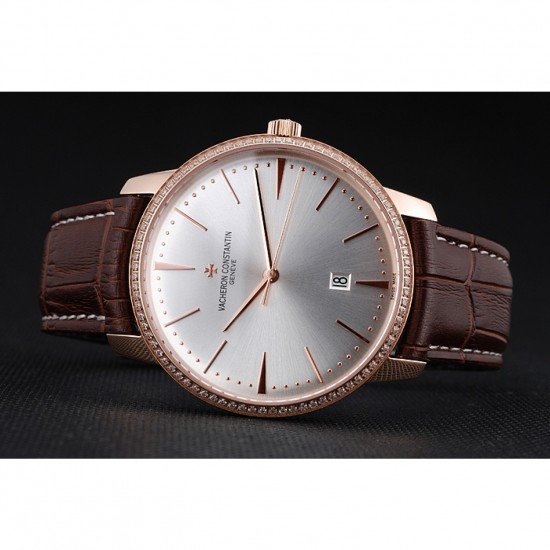 Swiss Vacheron Constantin Patrimony White Dial Rose Gold Diamonds Case Brown Leather Bracelet 1454170