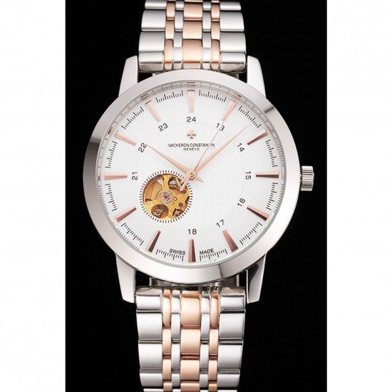 Vacheron Constantin Tourbillon White Dial Rose Gold Numerals Stainless Steel Case Two Tone Bracelet