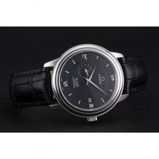 Omega De Ville Prestige Co-Axial Black Dial Silver Case Black Leather Strap Roman Numeral