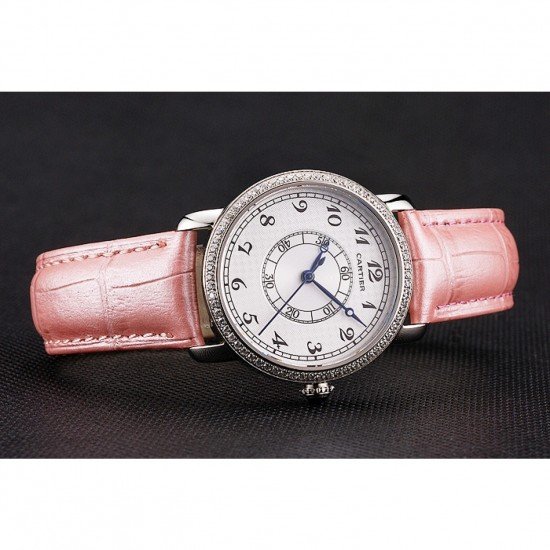 Cartier Ronde White Dial Diamond Bezel Stainless Steel Case Pink Leather Strap
