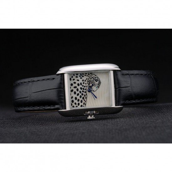Cartier Tank Anglaise White Tiger Dial Stainless Steel Case Black Leather Bracelet