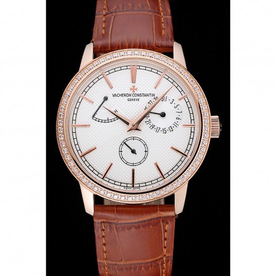 Vacheron Constantin Patrimony Power Reserve White Dial Gold Diamond Case Brown Leather Bracelet 1454268