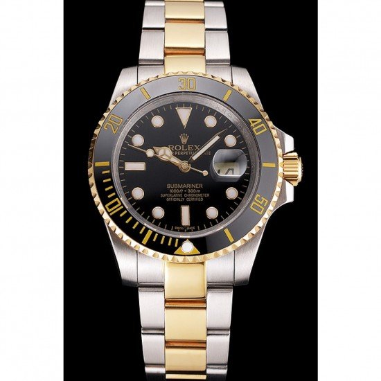 Swiss Rolex Submariner Black Dial And Bezel Two Tone Steel Gold Bracelet