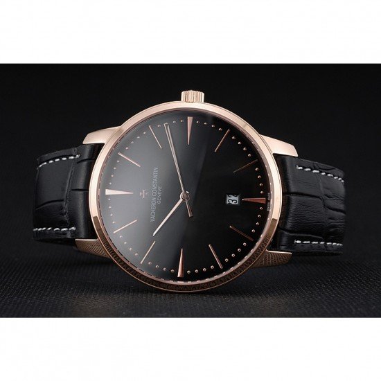 Swiss Vacheron Constantin Patrimony Black Dial Rose Gold Case Black Leather Bracelet 1454168