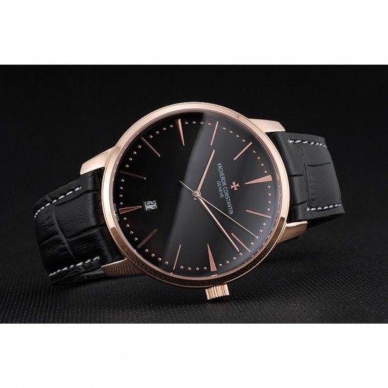 Swiss Vacheron Constantin Patrimony Black Dial Rose Gold Case Black Leather Bracelet 1454168