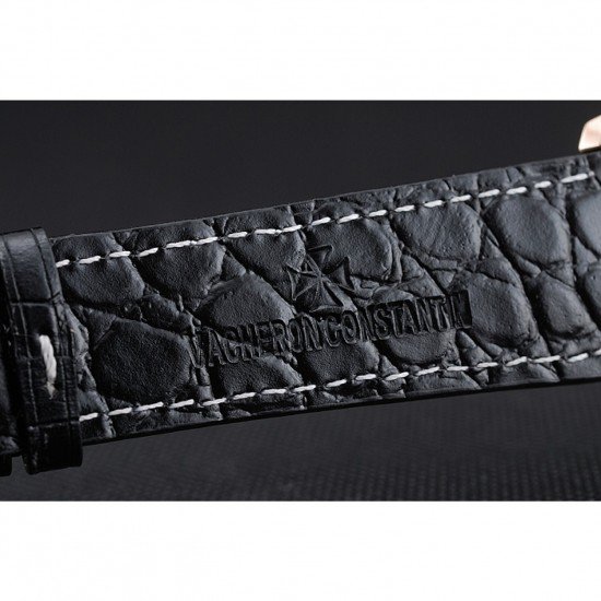 Swiss Vacheron Constantin Patrimony Black Dial Rose Gold Case Black Leather Bracelet 1454168