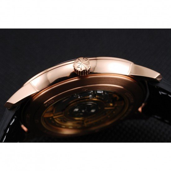 Swiss Vacheron Constantin Patrimony Black Dial Rose Gold Case Black Leather Bracelet 1454168