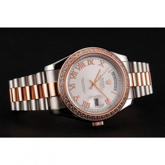 Swiss Rolex Day-Date Diamonds Bezel White Dial Rose Gold And Staineless Steel Bracelet 1454108
