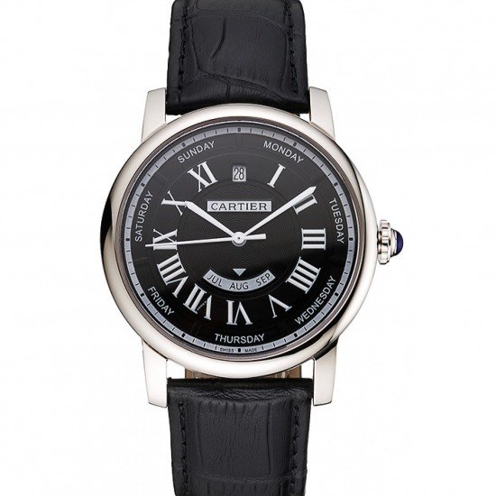 Swiss Cartier Rotonde Annual Calendar Black Dial Stainless Steel Case Black Leather Strap