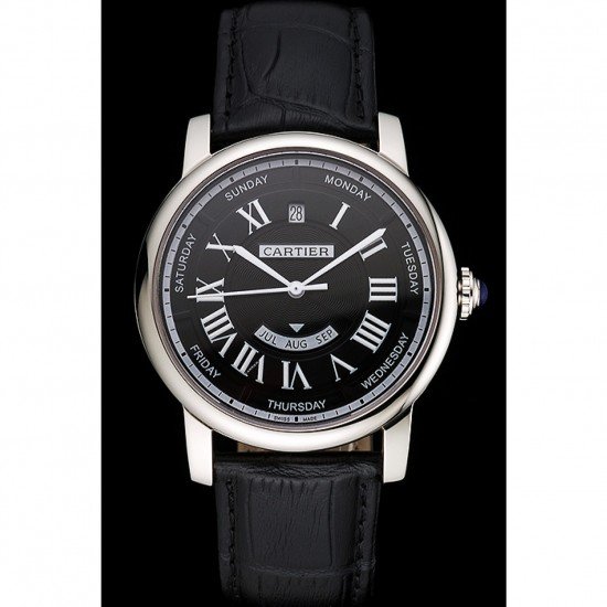 Swiss Cartier Rotonde Annual Calendar Black Dial Stainless Steel Case Black Leather Strap