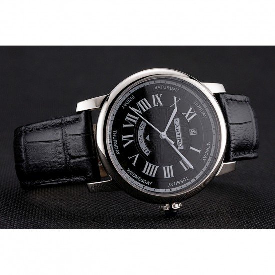 Swiss Cartier Rotonde Annual Calendar Black Dial Stainless Steel Case Black Leather Strap