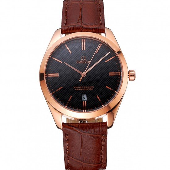 Omega Tresor Master Co-Axial Black Dial Rose Gold Case Brown Leather Strap