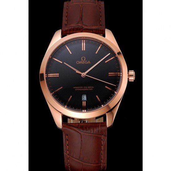 Omega Tresor Master Co-Axial Black Dial Rose Gold Case Brown Leather Strap