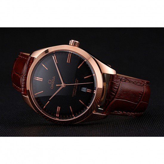 Omega Tresor Master Co-Axial Black Dial Rose Gold Case Brown Leather Strap