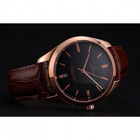 Omega Tresor Master Co-Axial Black Dial Rose Gold Case Brown Leather Strap