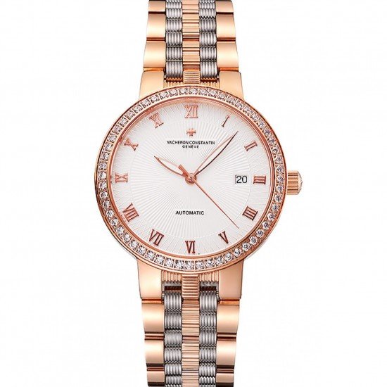 Swiss Vacheron Constantin Traditionnelle White Dial Diamond Bezel Rose Gold Case Two Tone Bracelet