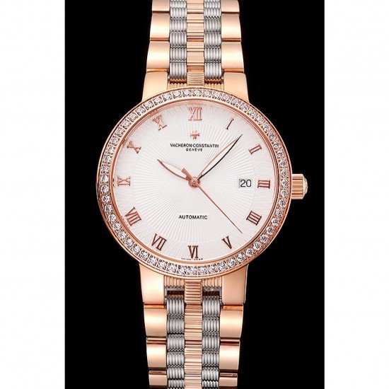 Swiss Vacheron Constantin Traditionnelle White Dial Diamond Bezel Rose Gold Case Two Tone Bracelet