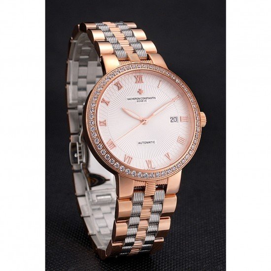 Swiss Vacheron Constantin Traditionnelle White Dial Diamond Bezel Rose Gold Case Two Tone Bracelet