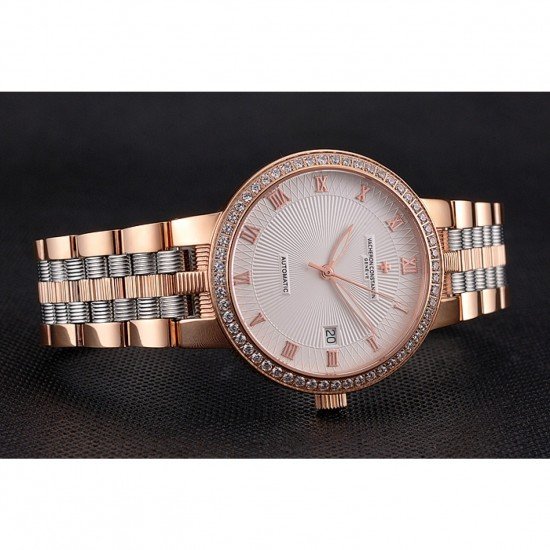 Swiss Vacheron Constantin Traditionnelle White Dial Diamond Bezel Rose Gold Case Two Tone Bracelet