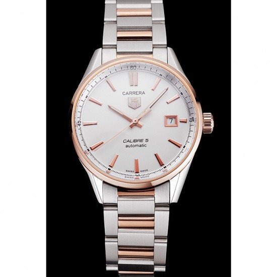Swiss Tag Heuer Carrera Calibre 5 White Dial Rose Gold Case Two Tone Bracelet