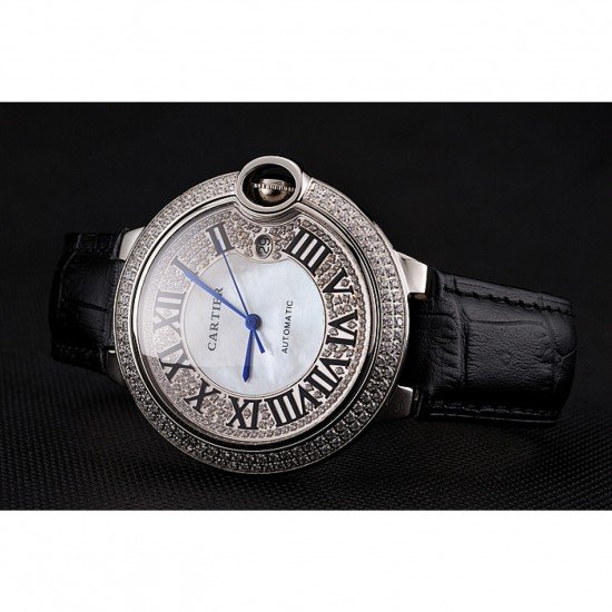 Swiss Cartier Ballon Bleu 46 MM Diamond Dial Diamond Case Black Leather Bracelet 1453894