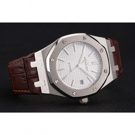 Swiss Audemars Piguet Royal Oak White Dial Stainless Steel Case Brown Leather Strap