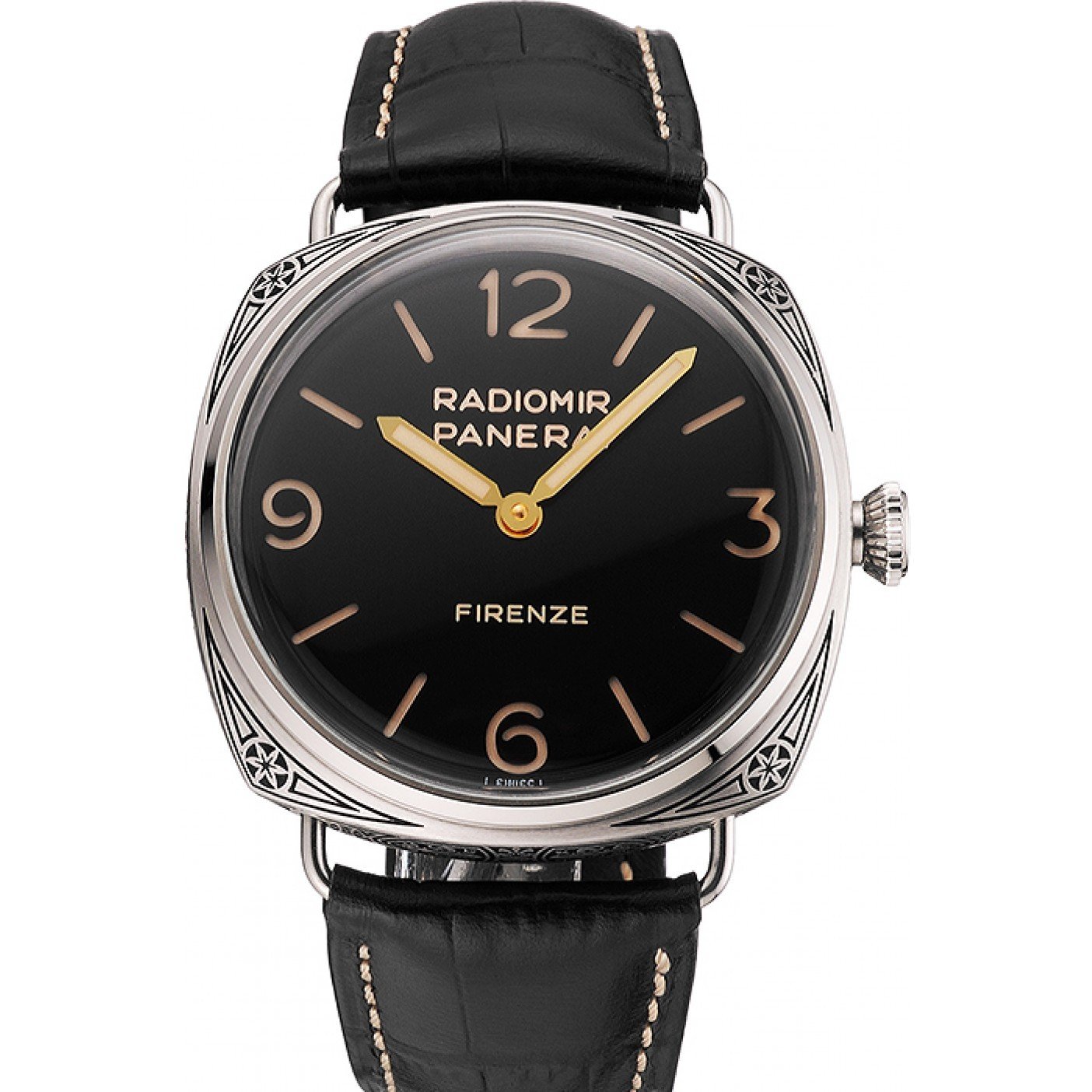Panerai Radiomir Firenze 3 Days Acciaio PAM604 Black Dial Engraved Stainless Stell Case Black Leather Strap