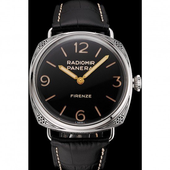 Panerai Radiomir Firenze 3 Days Acciaio PAM604 Black Dial Engraved Stainless Stell Case Black Leather Strap