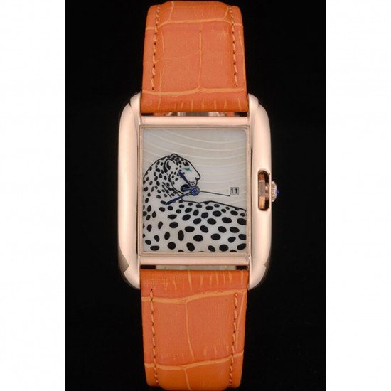 Cartier Tank Anglaise White Tiger Dial Gold Case Orange Leather Bracelet