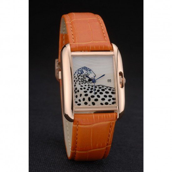 Cartier Tank Anglaise White Tiger Dial Gold Case Orange Leather Bracelet