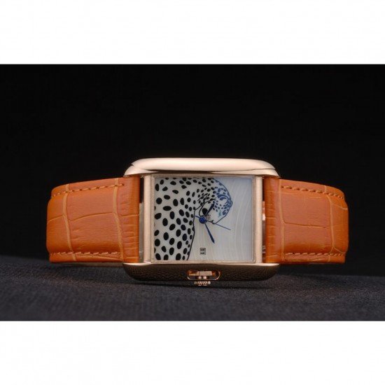 Cartier Tank Anglaise White Tiger Dial Gold Case Orange Leather Bracelet