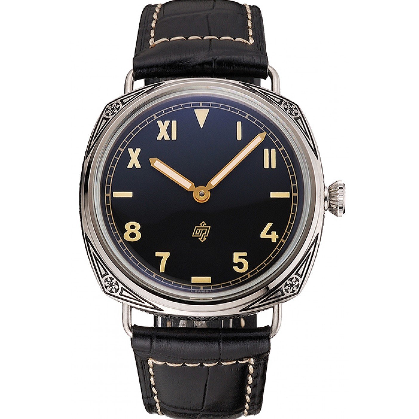 Panerai Radiomir Firenze PAM604 Black Dial Roman Numerals Engraved Stainless Steel Case Black Leather Strap