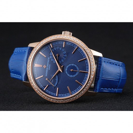 Vacheron Constantin Patrimony Power Reserve Blue Dial Gold Diamond Case Blue Leather Bracelet 1454270