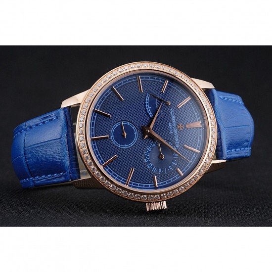 Vacheron Constantin Patrimony Power Reserve Blue Dial Gold Diamond Case Blue Leather Bracelet 1454270